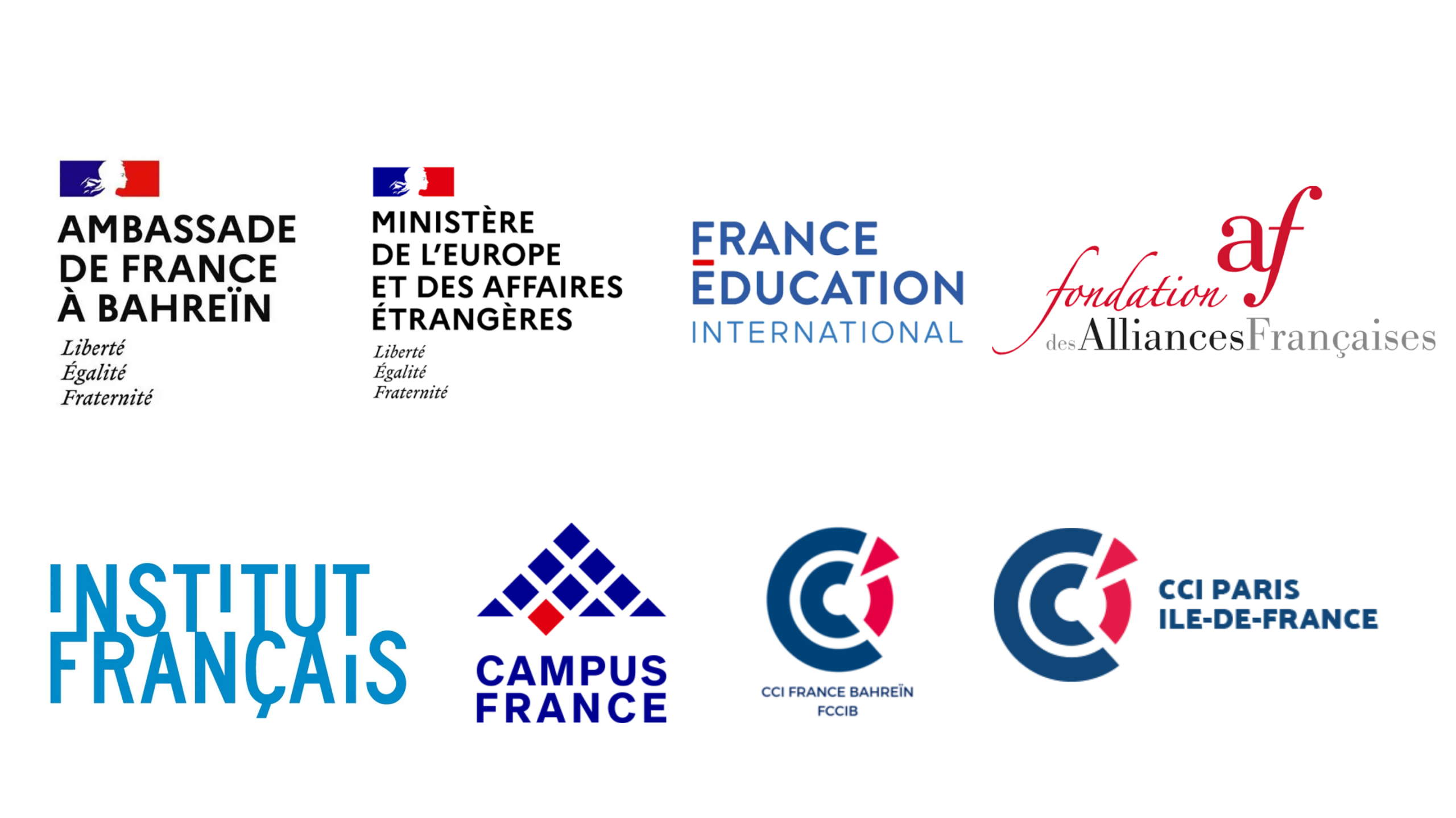 Logos of the institutional partners: Embassy of France in Bahrain, French Ministry for Europe and Foreign Affairs, France Éducation international, Fondation des Alliances Françaises, Institut français, Campus France, French Chamber of Commerce in Bahrain and CCI Paris Île-de-France