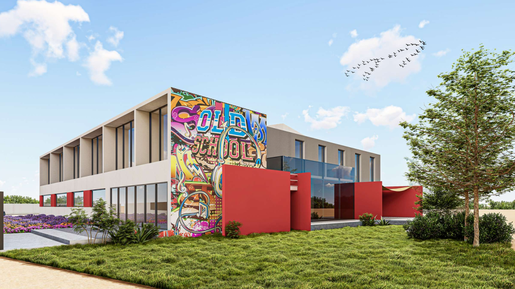 Architectural render of the entrance of the future Alliance Française Bahrain