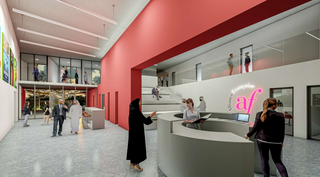 Architectural render of the central hall of the future Alliance Française Bahrain