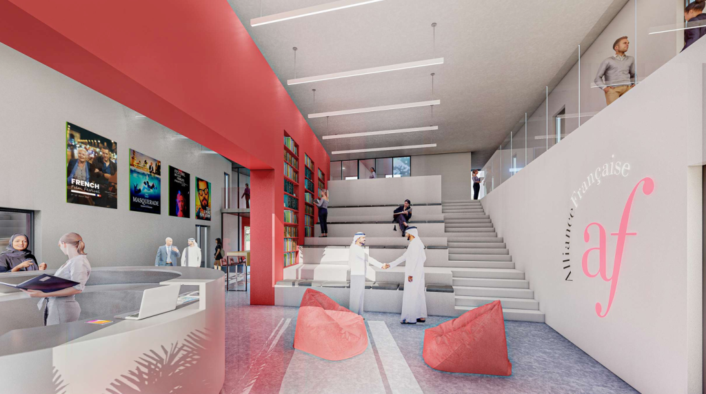 Architectural render of the library and café of the future Alliance Française Bahrain